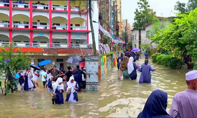 কুমিল্লা নগরীর রাস্তাঘাট তলিয়ে যাওয়ায় নৌকায় পারাপার এসএসসি পরীক্ষার্থীদের - খবরের ইমেজ Image